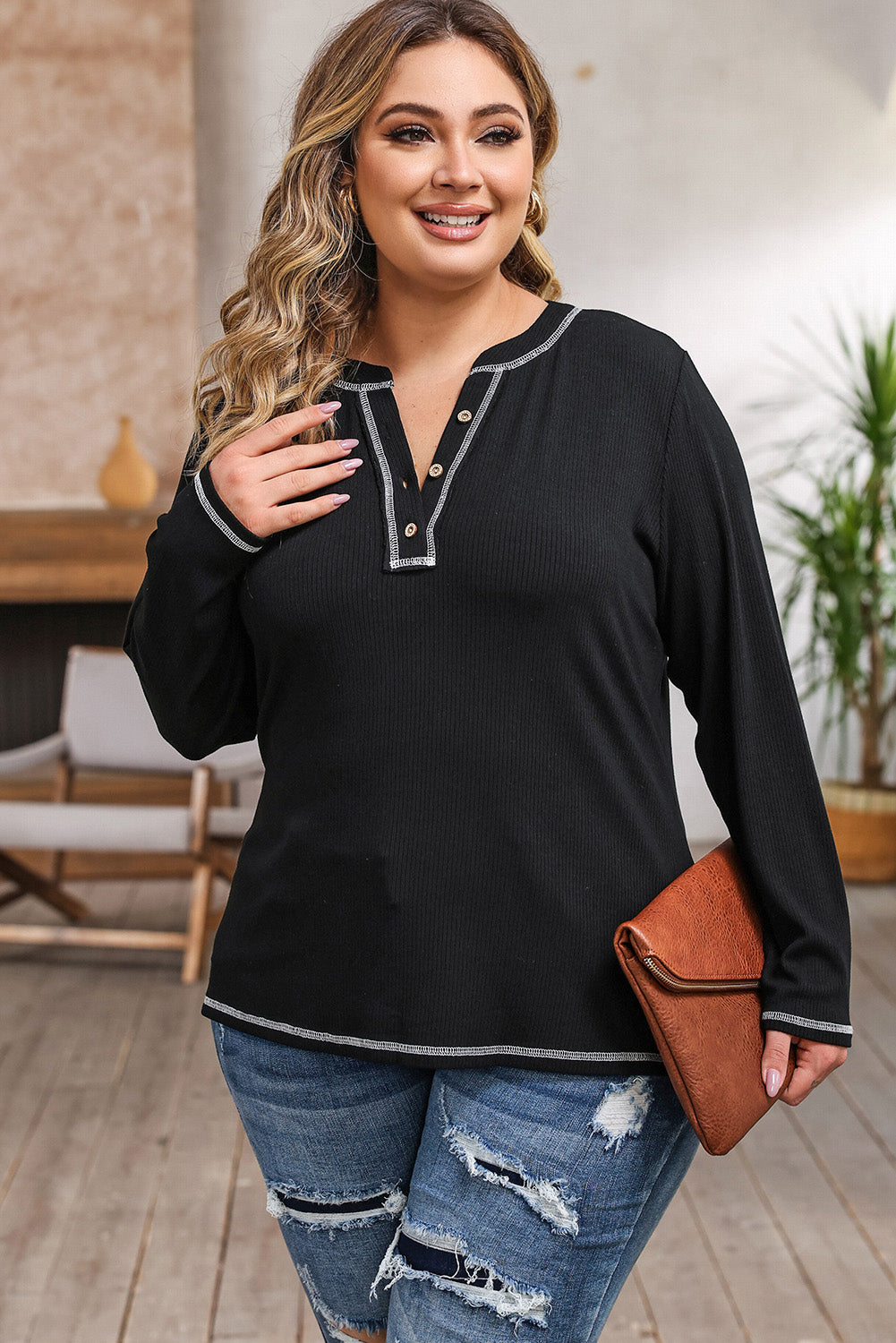 Plus Size Notched Neck Long Sleeve T-Shirt  Krazy Heart Designs Boutique   