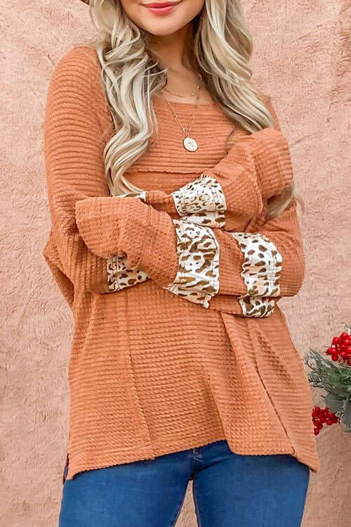 Waffle-Knit Leopard Long Sleeve Slit Blouse Shirts & Tops Krazy Heart Designs Boutique Sherbet S 