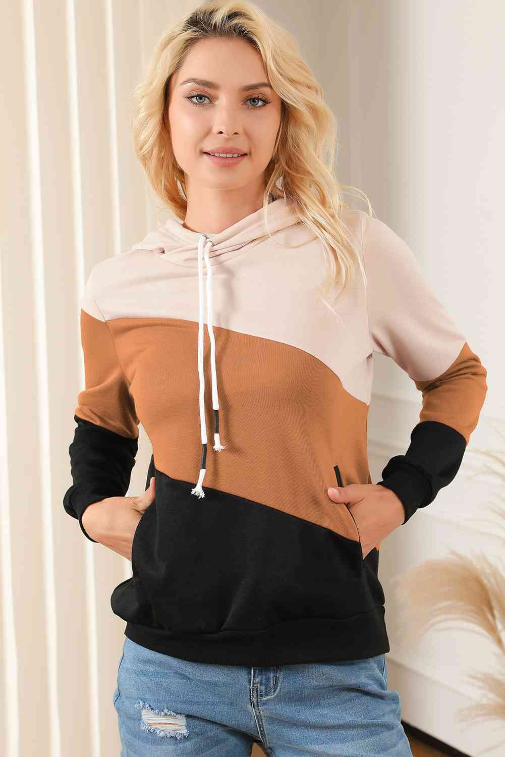 Color Block Drawstring Hoodie with Pockets  Krazy Heart Designs Boutique Taupe S 