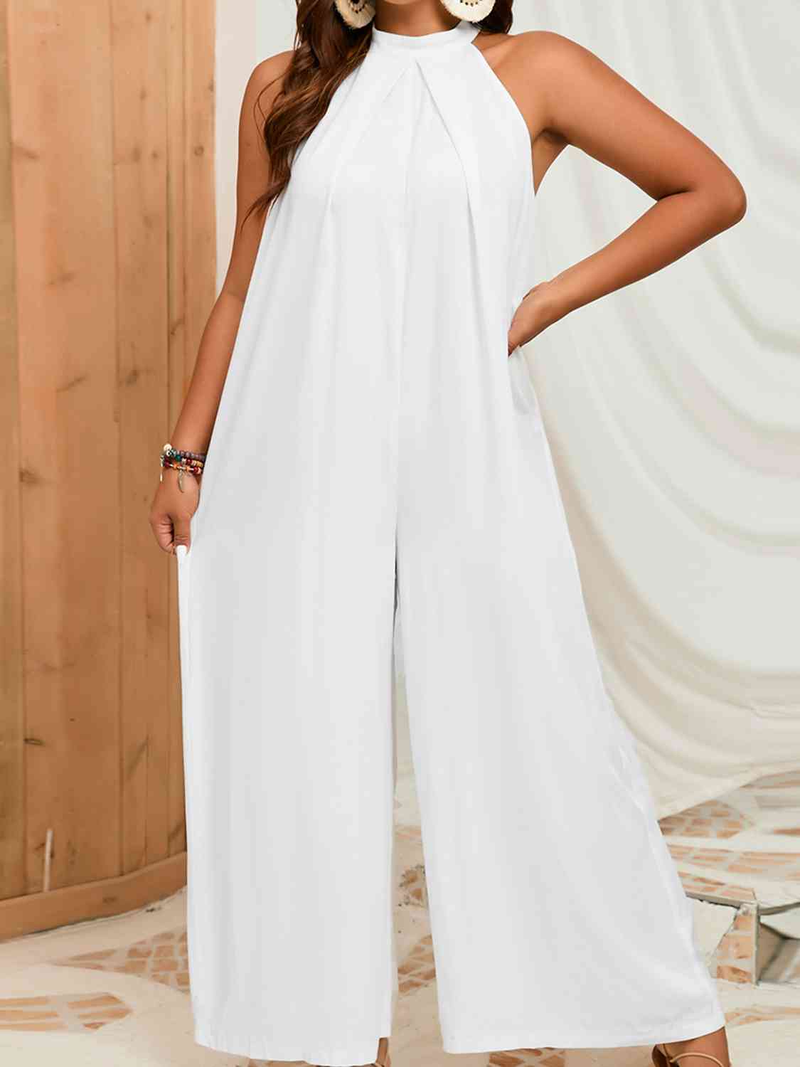 Plus Size Sleeveless Halter Neck Wide Leg Jumpsuit  Krazy Heart Designs Boutique White 0XL 