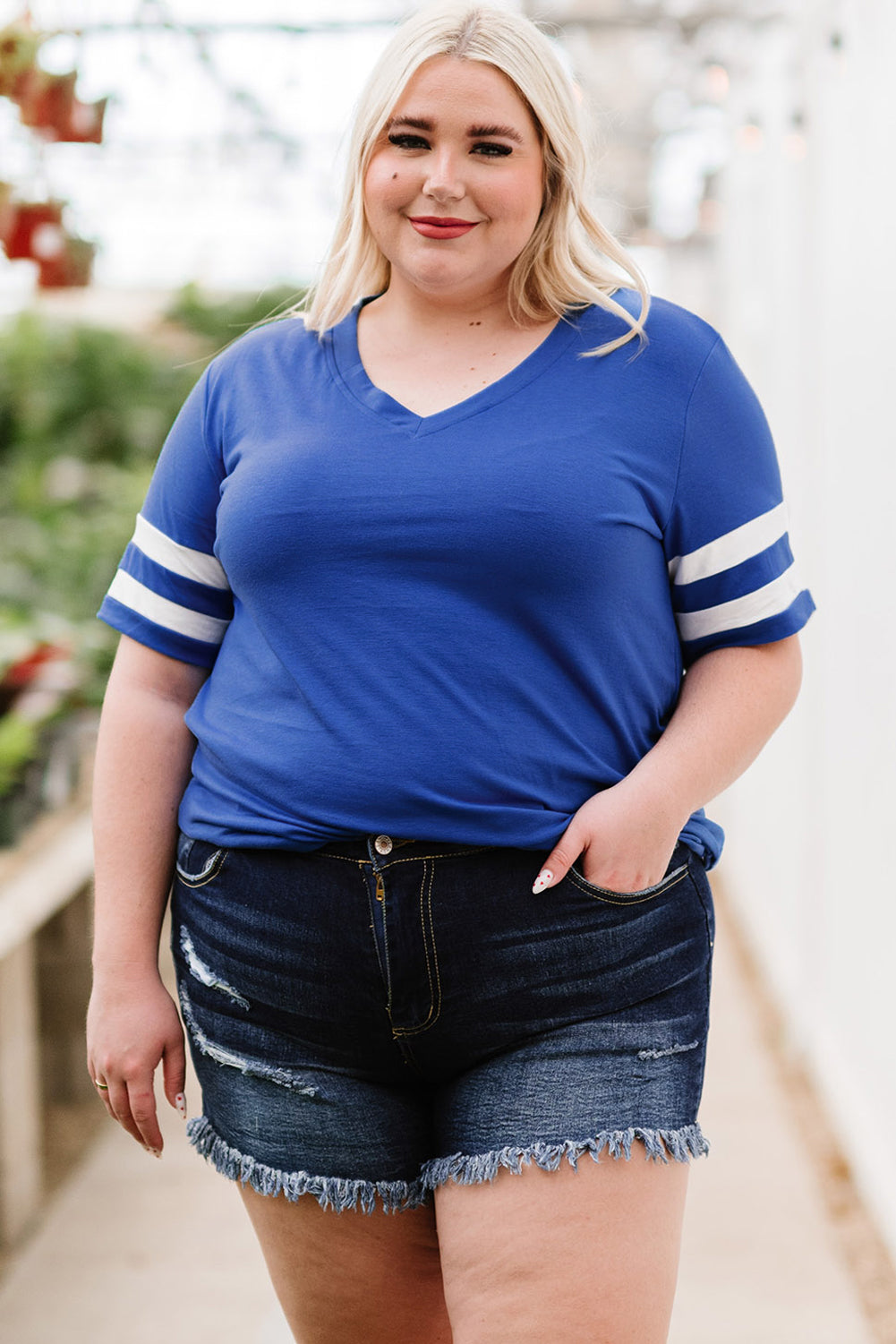 Plus Size Striped V-Neck Tee Shirt (10 Colors)  Krazy Heart Designs Boutique Royal  Blue 1X 