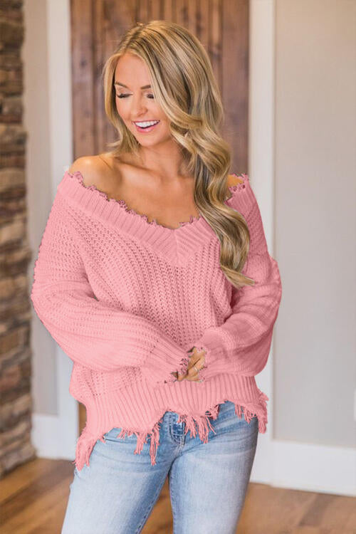 Frayed Hem Dropped Shoulder Sweater (10 Colors) Shirts & Tops Krazy Heart Designs Boutique Dusty Pink S 
