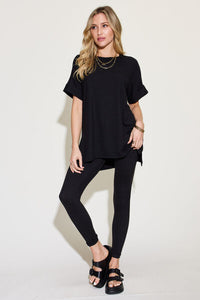 Zenana Plus Size Short Sleeve Slit T-Shirt and Leggings Lounge Set Loungewear Krazy Heart Designs Boutique Black 1XL 
