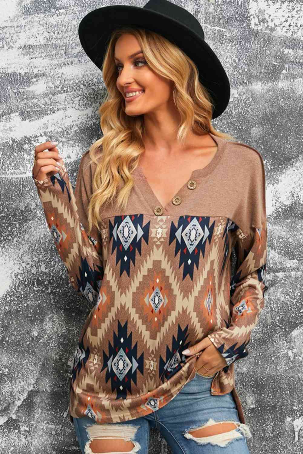 Brown Western Print Buttoned V Neck Top  Krazy Heart Designs Boutique Taupe S 