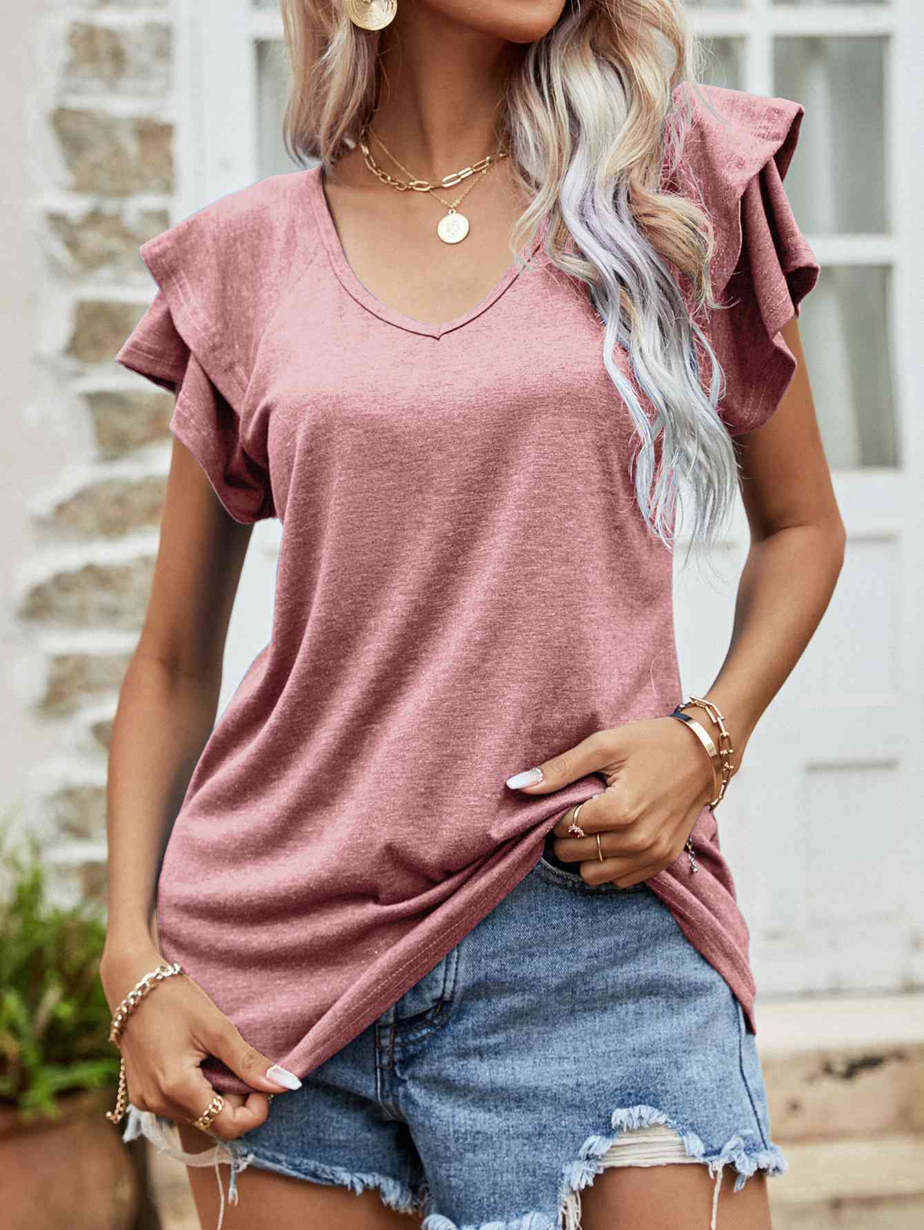 Layered Flutter Sleeve V-Neck Top (4 Colors) Shirts & Tops Krazy Heart Designs Boutique Pink S 