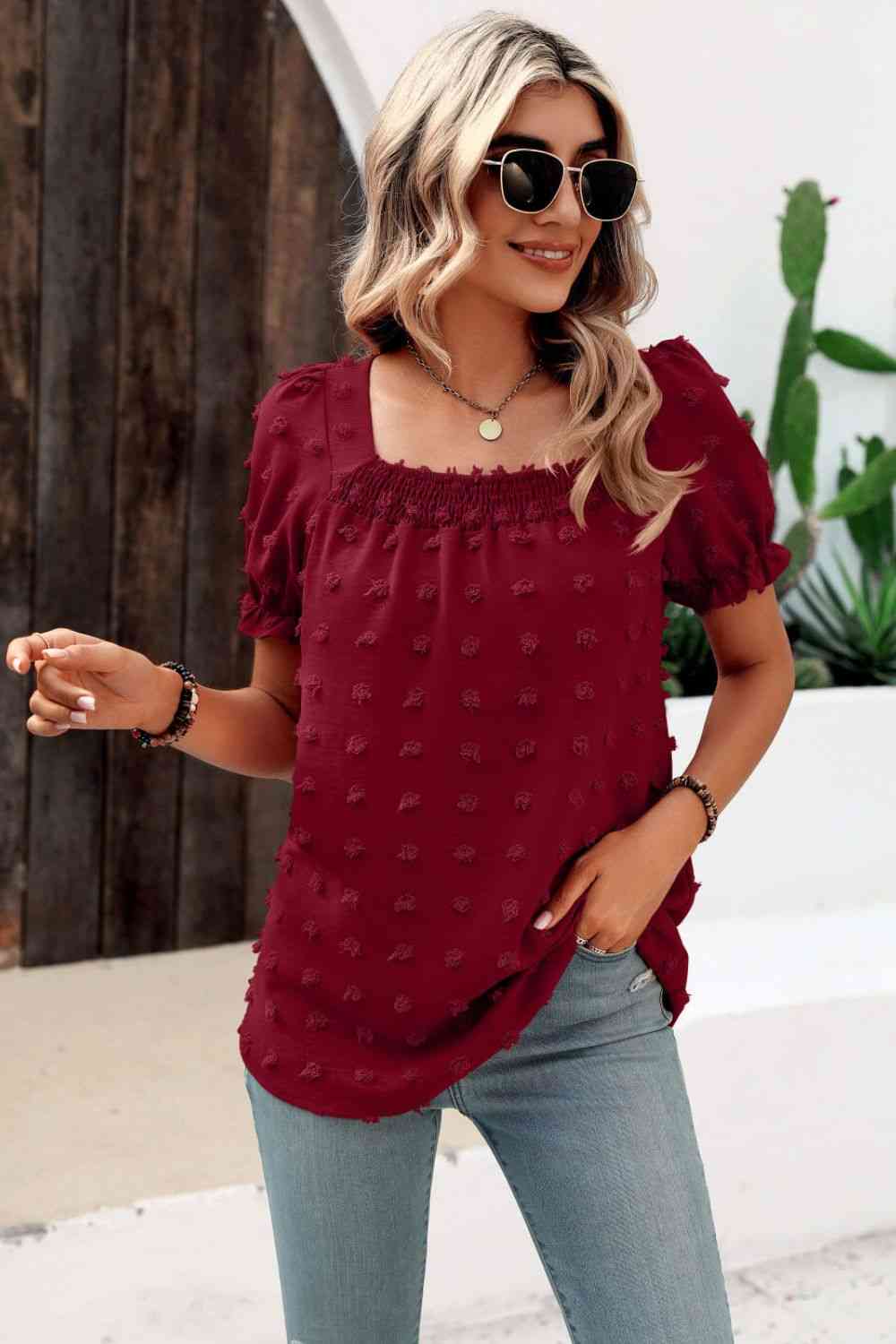 Swiss Dot Puff Sleeve Square Neck Blouse (6 Colors)  Krazy Heart Designs Boutique Wine S 