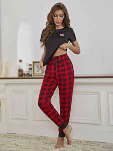 Heart Graphic Tee and Plaid Joggers Lounge Set ( 2 Color Style Patterns) Loungewear Krazy Heart Designs Boutique   