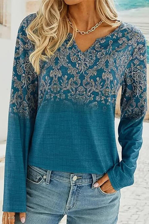 Printed Pattern Notched Long Sleeve Top (4 Colors) Shirts & Tops Krazy Heart Designs Boutique Turquoise S 