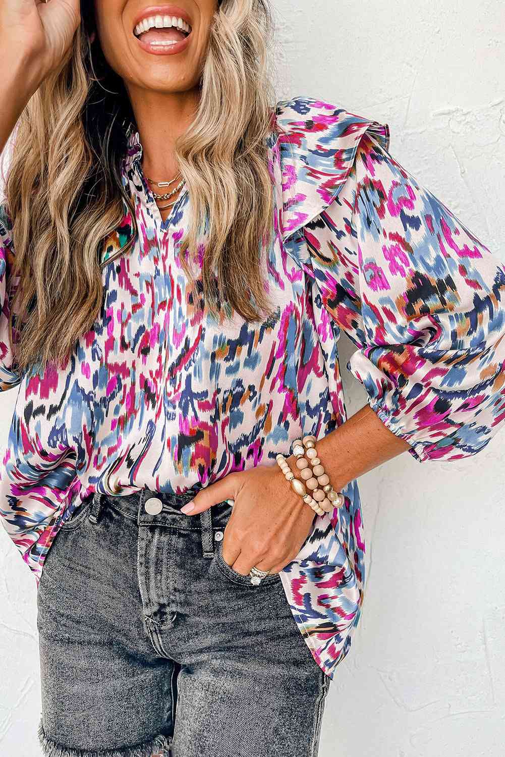 Printed Notched Neck Ruffled Blouse (3 Colors)  Krazy Heart Designs Boutique   