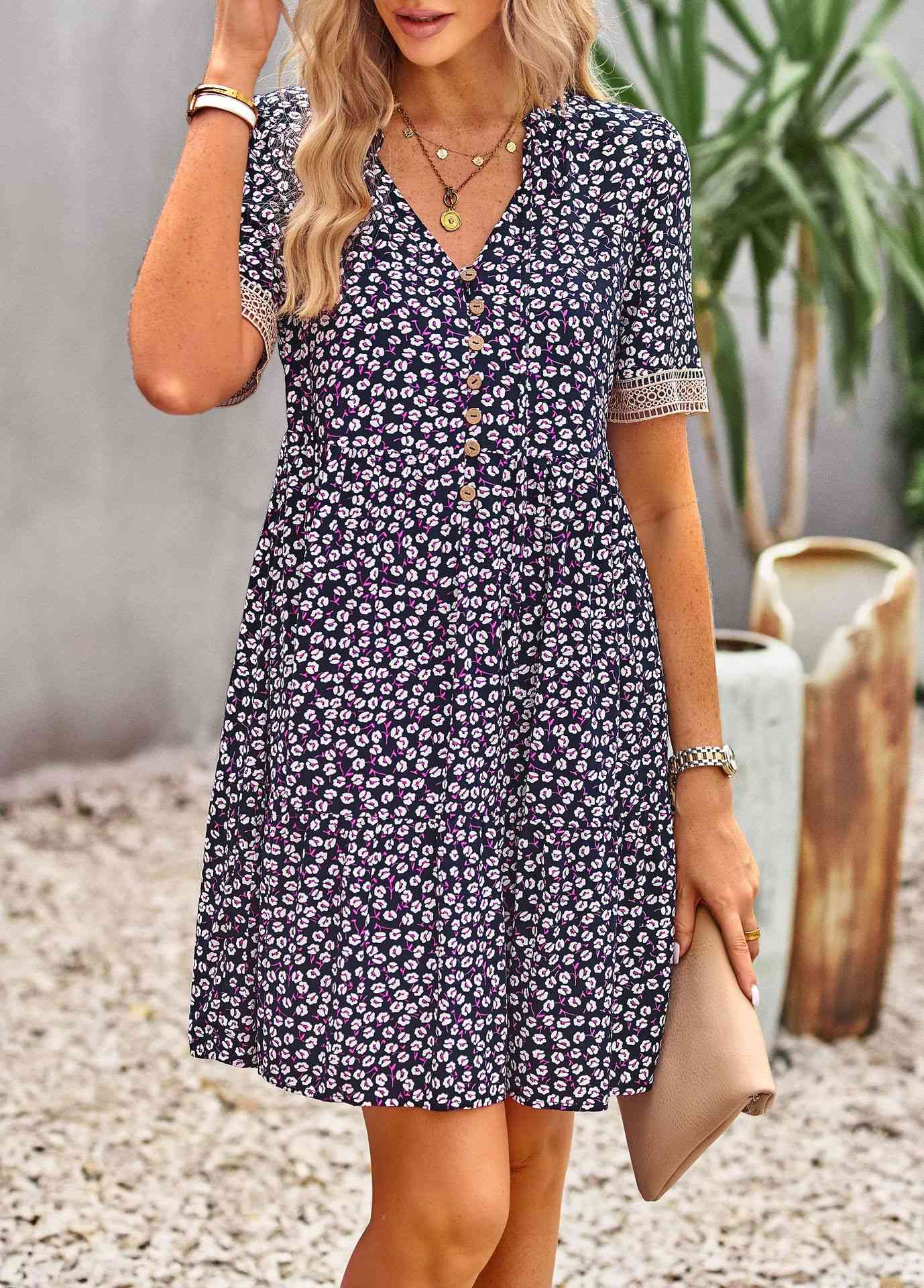 Floral Buttoned Puff Sleeve Dress (2 Colors)  Krazy Heart Designs Boutique Violet S 