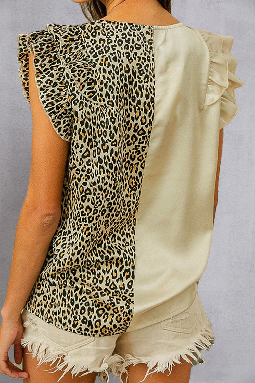 Ruffled Color Block Leopard Print V-Neck Cap Sleeve Blouse Shirts & Tops Krazy Heart Designs Boutique   