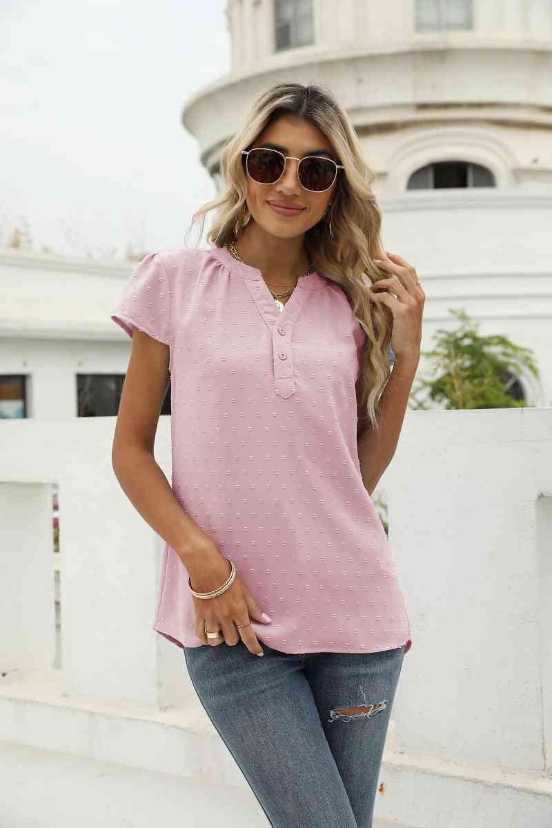 Swiss Dot Notched Neck Short Sleeve Top (9 Colors)  Krazy Heart Designs Boutique Blush Pink S 