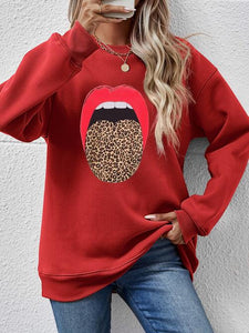 Leopard Lip Graphic Round Neck Sweatshirt (9 Colors) Shirts & Tops Krazy Heart Designs Boutique Deep Red S 
