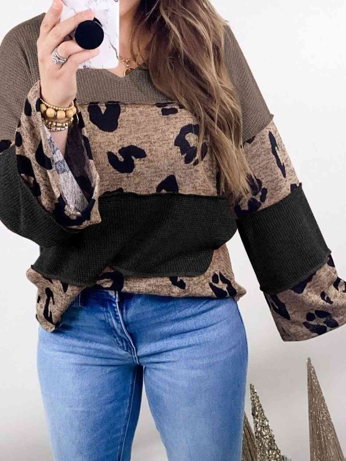 Color Block Leopard V-Neck Blouse (2 Colors)  Krazy Heart Designs Boutique   