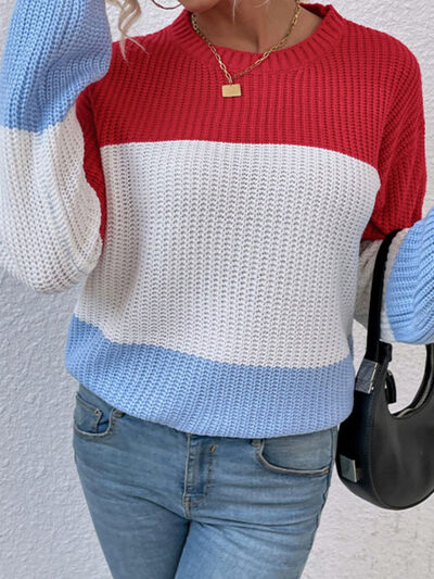Color Block Round Neck Sweater (3 Colors) Shirts & Tops Krazy Heart Designs Boutique   