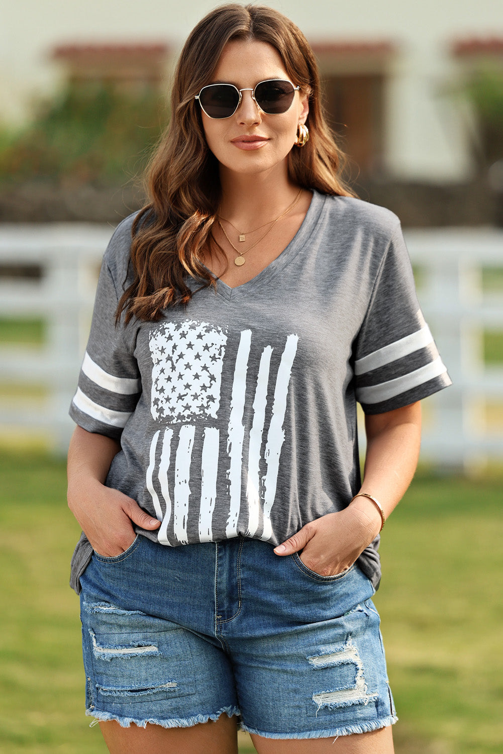 Plus Size US Flag Graphic V-Neck Tee  Krazy Heart Designs Boutique   