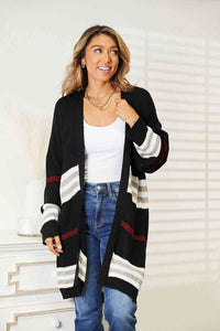 Double Take Striped Rib-Knit Drop Shoulder Open Front Cardigan coats Krazy Heart Designs Boutique Black S 