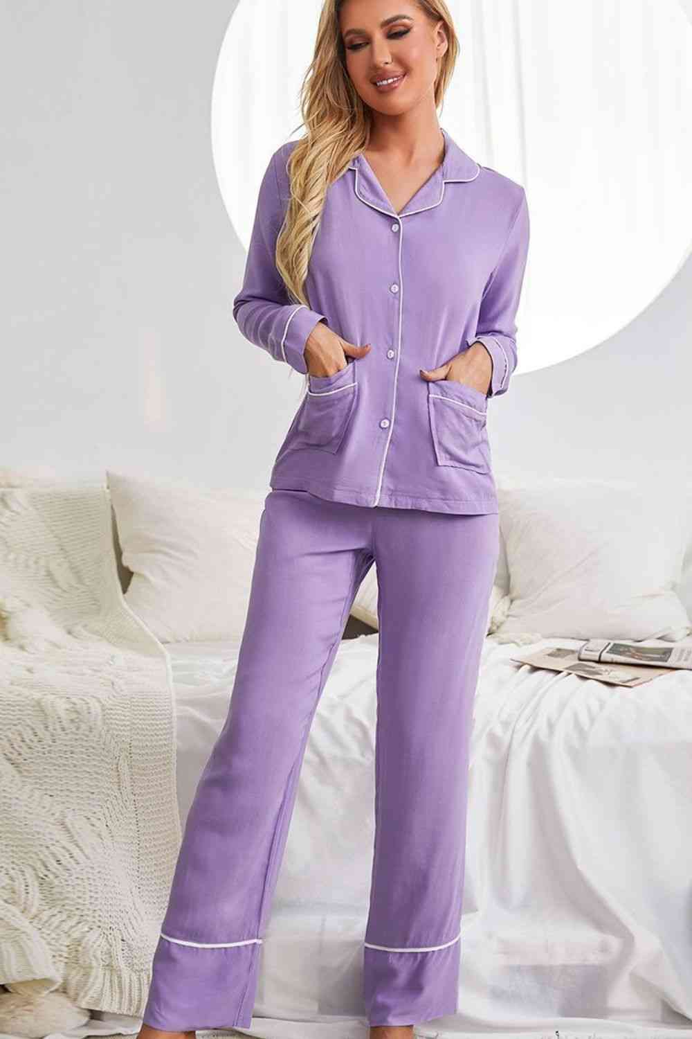 Contrast Color Lapel Collar Shirt and Pants Pajama Set with Pockets Loungewear Krazy Heart Designs Boutique Purple S 