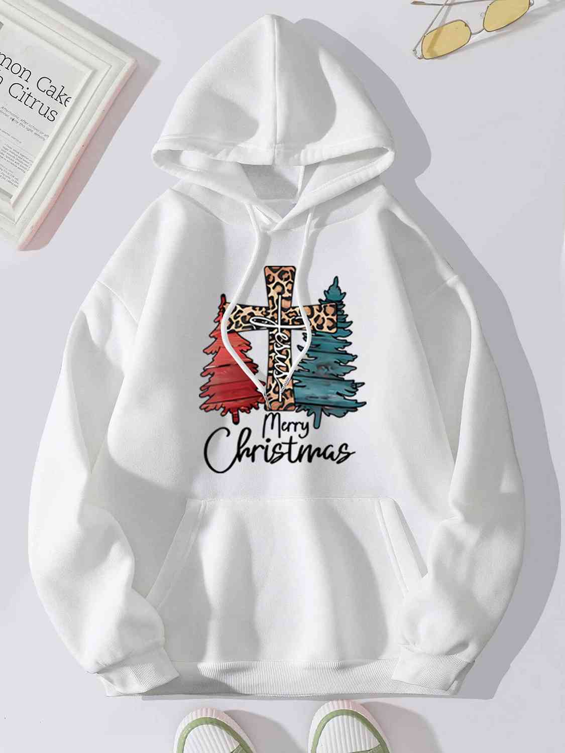 MERRY CHRISTMAS Graphic Drawstring Hoodie (4 Colors)  Krazy Heart Designs Boutique White S 