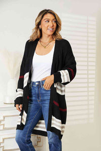 Double Take Striped Rib-Knit Drop Shoulder Open Front Cardigan coats Krazy Heart Designs Boutique   