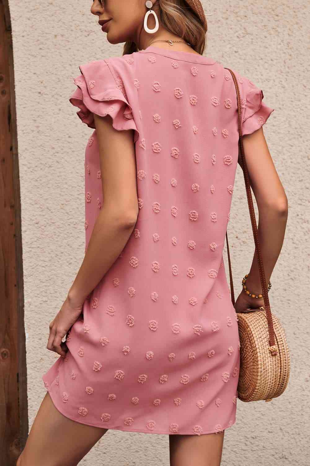 Swiss Dot Notched Neck Flutter Sleeve Dress  Krazy Heart Designs Boutique   