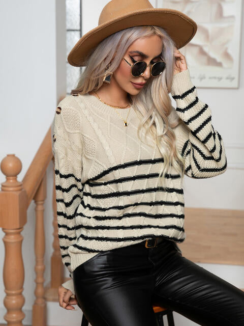 Striped Round Neck Cable-Knit Sweater Shirts & Tops Krazy Heart Designs Boutique   