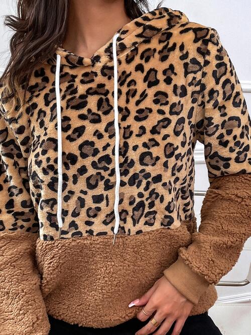 Leopard Print Color Block Drawstring Long Sleeve Hoodie Shirts & Tops Krazy Heart Designs Boutique   