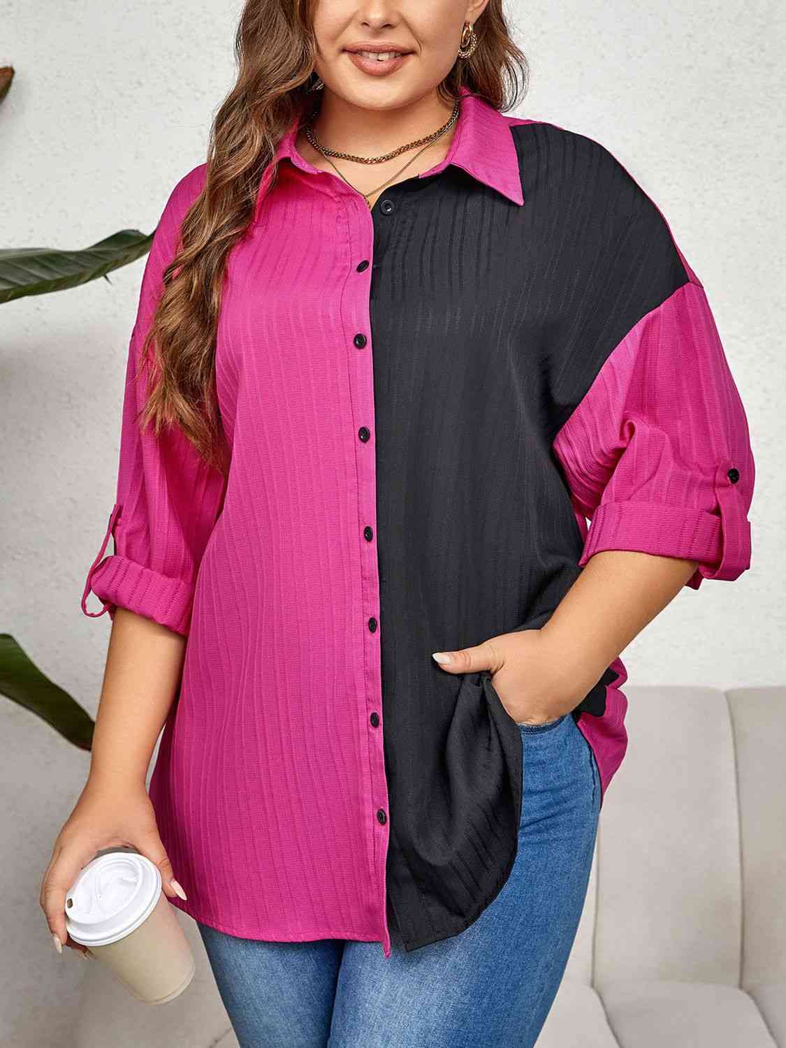 Plus Size Contrast Color Roll-Tap Sleeve Shirt Shirts & Tops Krazy Heart Designs Boutique Hot Pink 1XL 