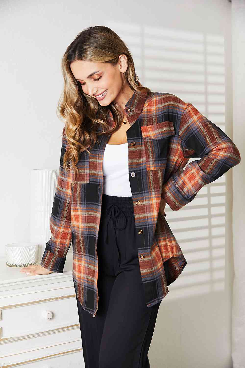 Double Take Plaid Dropped Shoulder Shirt (4 Colors)  Krazy Heart Designs Boutique   