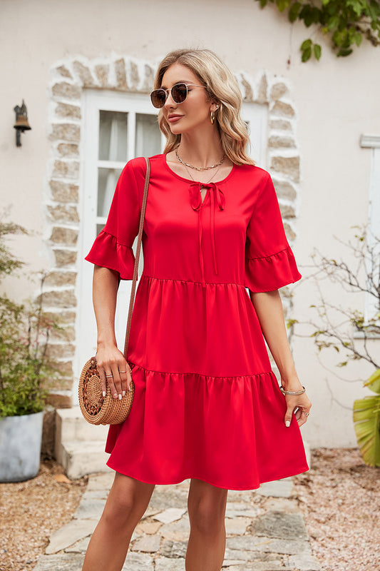 Ruffle Trim Tie Neck Flounce Sleeve Tiered Dress (3 Colors)  Krazy Heart Designs Boutique Red S 