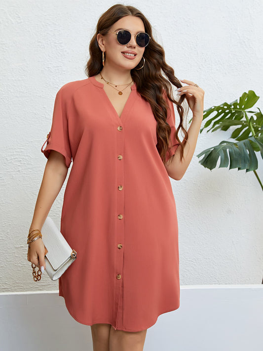 Plus Size Buttoned Notched Neck Shift Dress  Krazy Heart Designs Boutique   