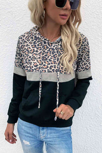 Leopard Color Block Long Sleeve Drawstring Hoodie Shirts & Tops Krazy Heart Designs Boutique Black S 