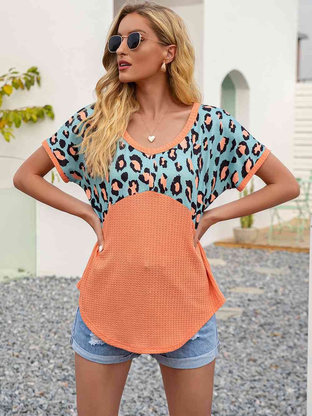 Leopard Waffle-Knit Short Sleeve Top (4 Colors) Shirts & Tops Krazy Heart Designs Boutique   