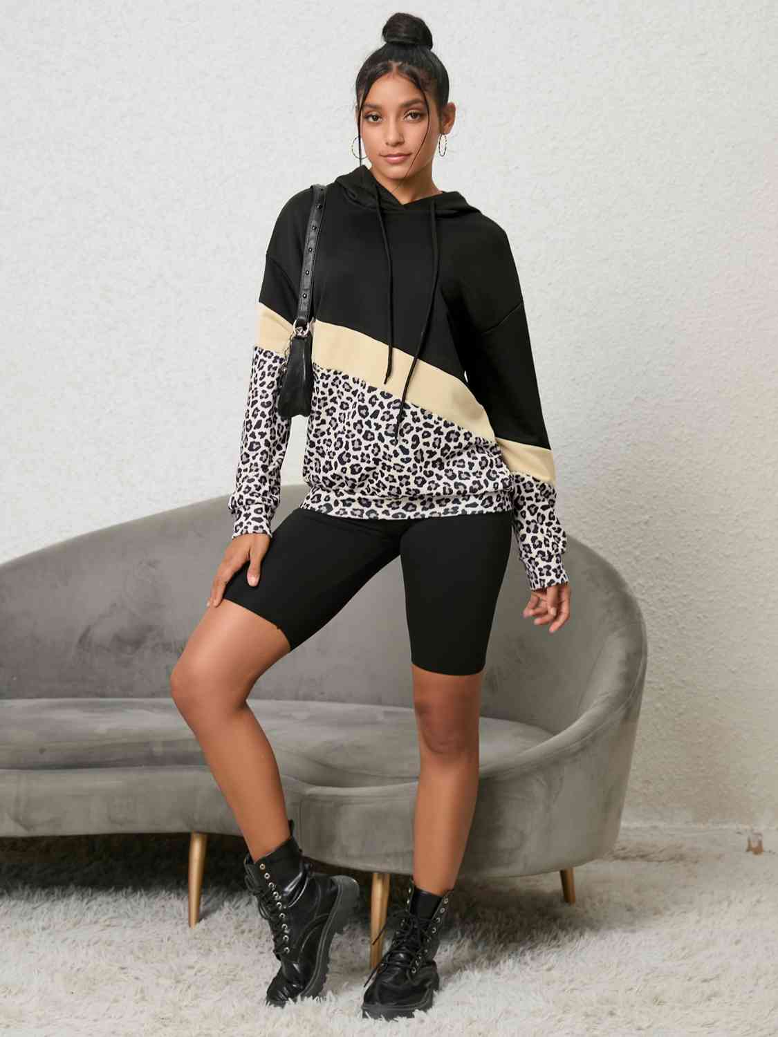 Leopard Color Block Hoodie Shirts & Tops Krazy Heart Designs Boutique   