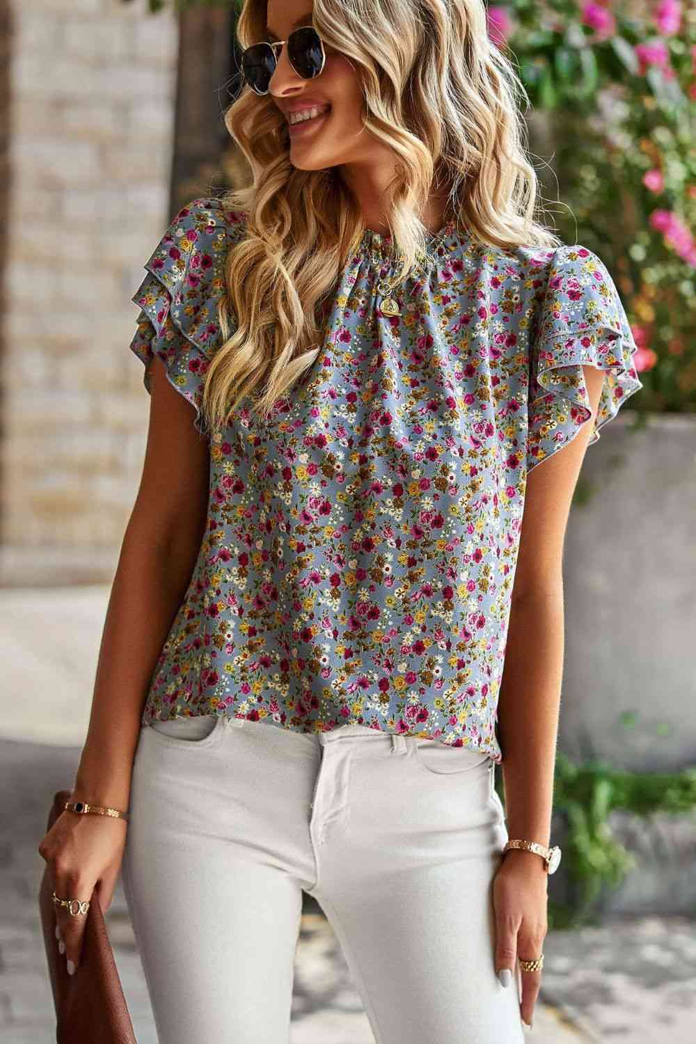 Floral Round Neck Flutter Sleeve Blouse (2 Colors) Shirts & Tops Krazy Heart Designs Boutique   