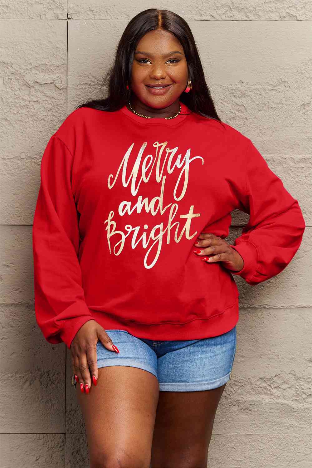 Full Size MERRY AND BRIGHT Graphic Sweatshirt  Krazy Heart Designs Boutique Red S 