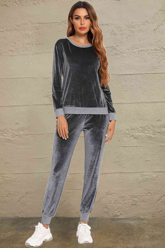 Round Neck Long Sleeve Loungewear Set with Pockets (3 Colors) Loungewear Krazy Heart Designs Boutique Charcoal S 