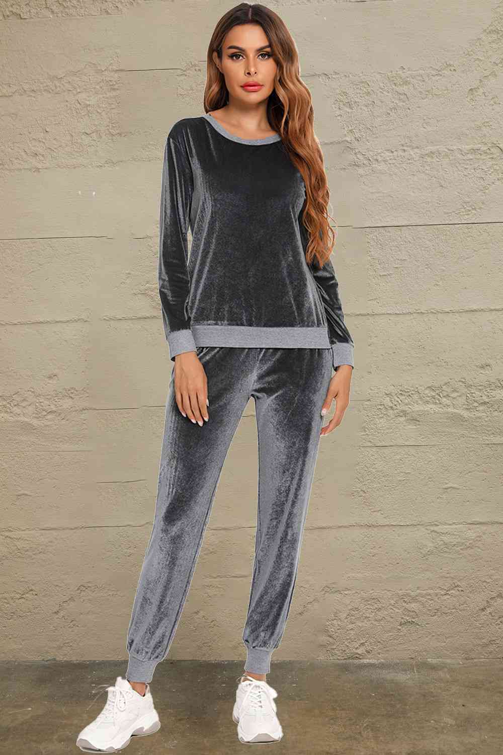 Round Neck Long Sleeve Loungewear Set with Pockets (3 Colors) Loungewear Krazy Heart Designs Boutique Charcoal S 
