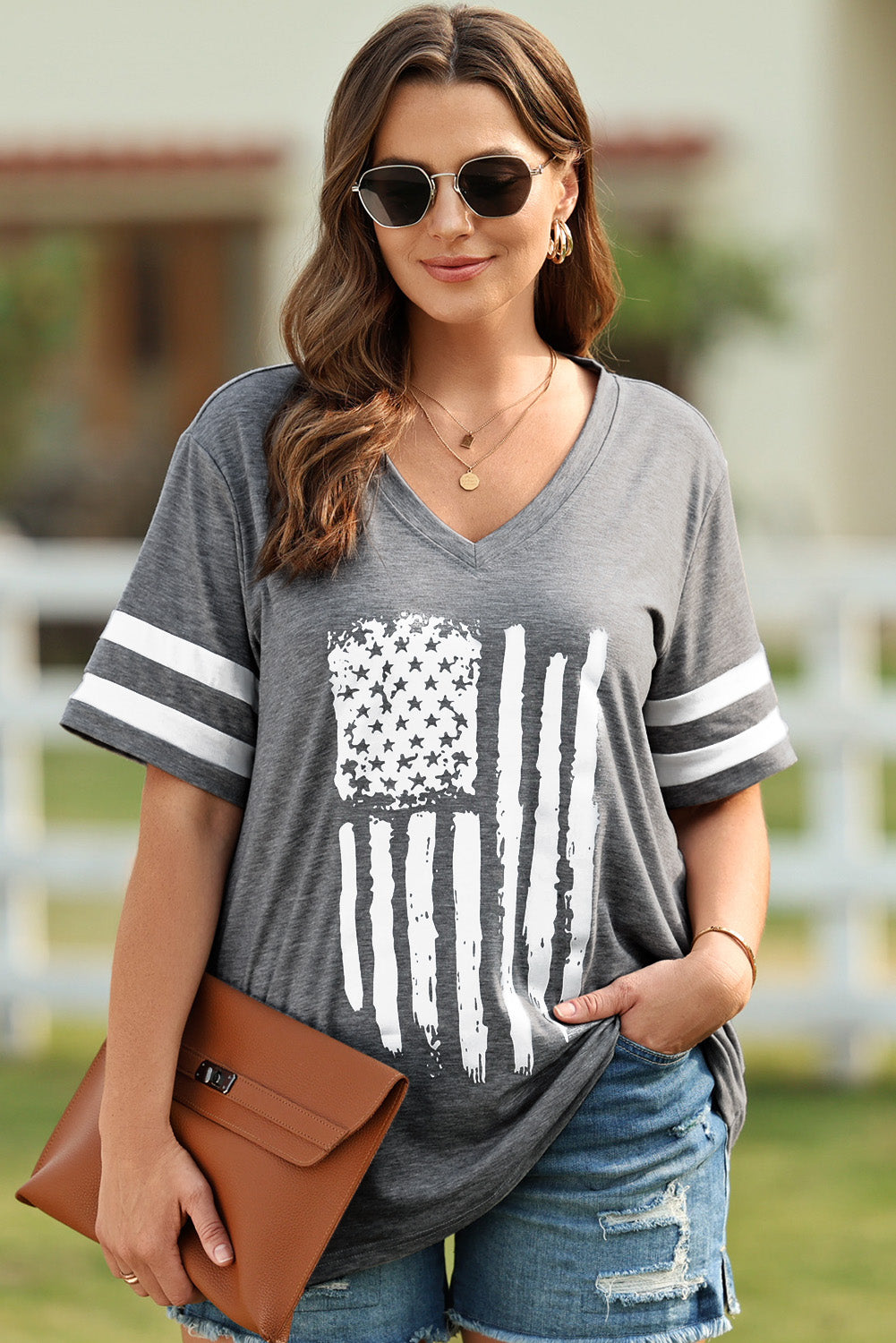 Plus Size US Flag Graphic V-Neck Tee  Krazy Heart Designs Boutique Charcoal 1X 