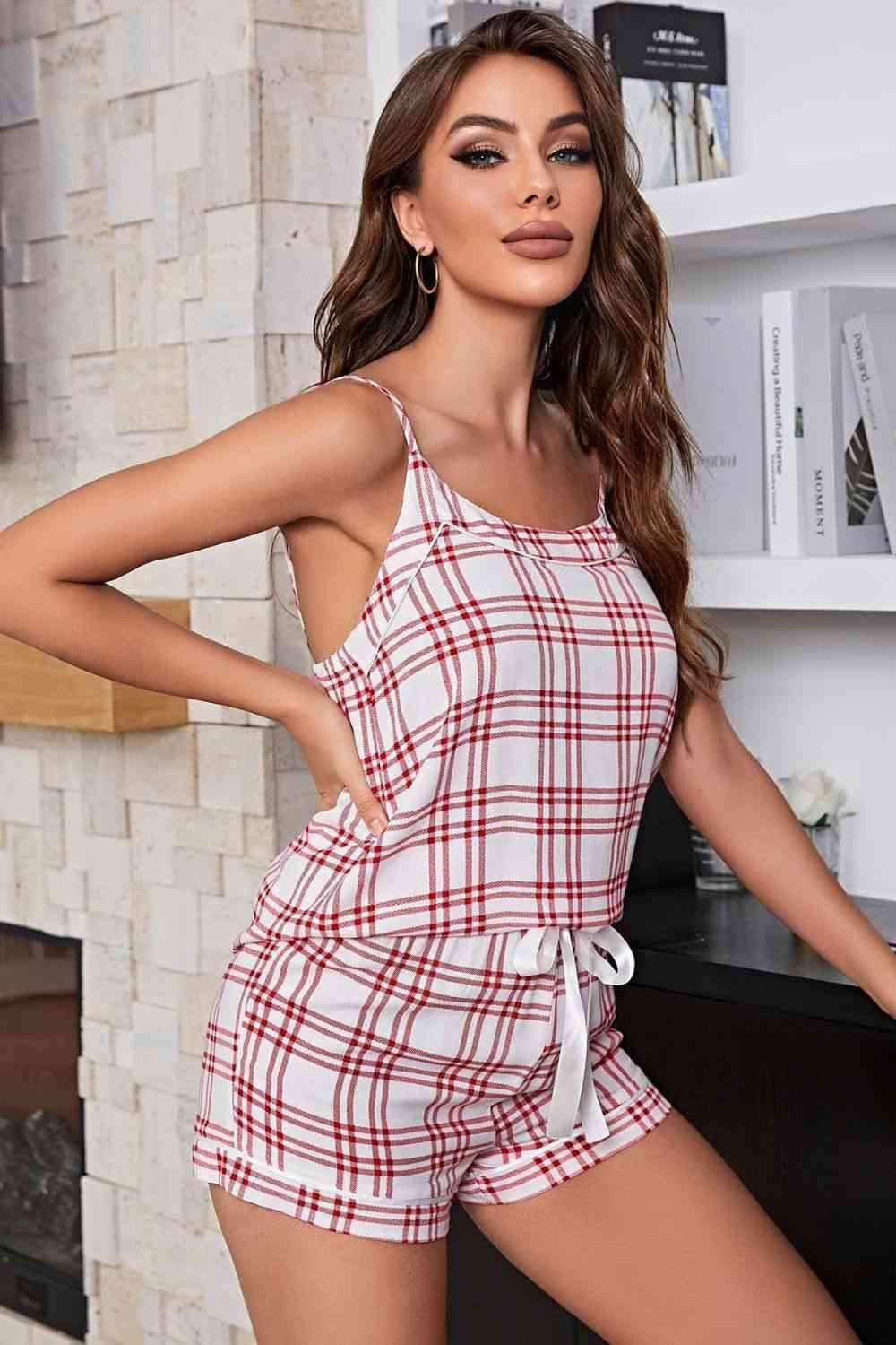 Plaid Cami and Tie-Front Shorts Pajama Set Loungewear Krazy Heart Designs Boutique   