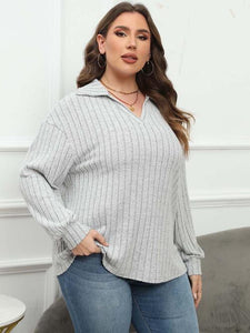 Plus Size Ribbed Collared Neck Long Sleeve Blouse (4 Colors) Shirts & Tops Krazy Heart Designs Boutique Cloudy Blue L 