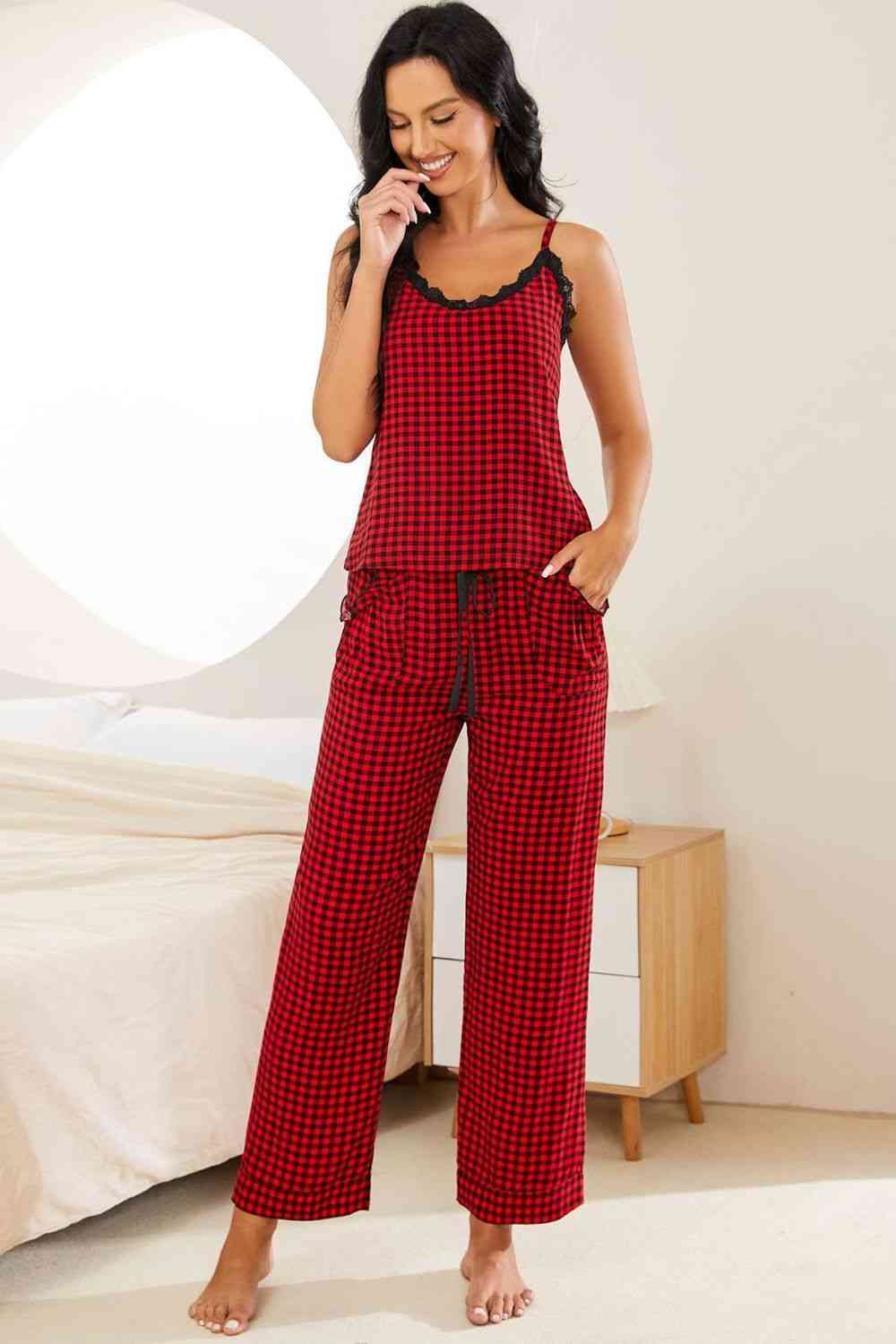 Plaid Lace Trim Cami and Drawstring Pants Pajama Set Loungewear Krazy Heart Designs Boutique   