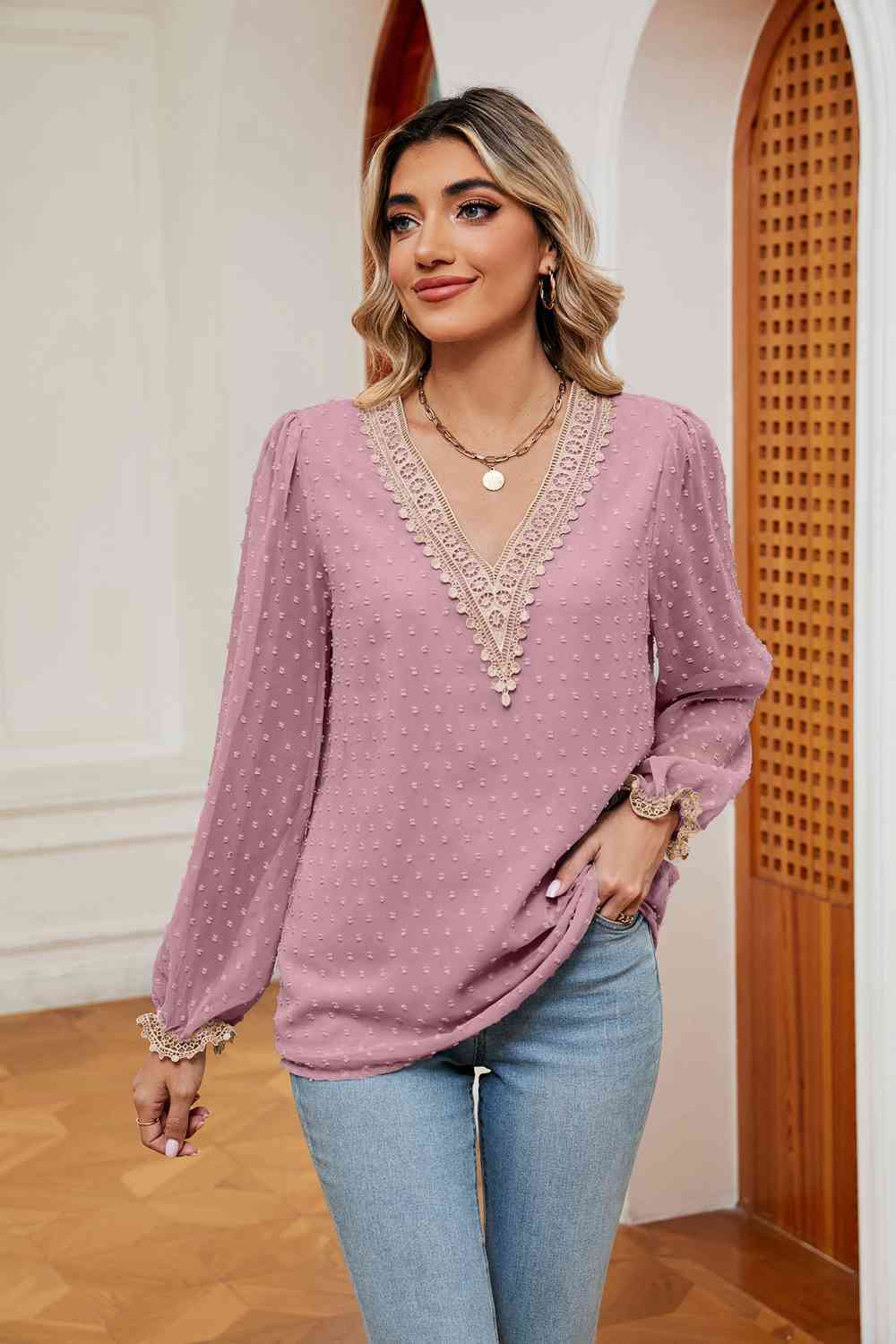 Swiss Dot Contrast V-Neck Blouse (6 Colors) Shirts & Tops Krazy Heart Designs Boutique Light Mauve S 