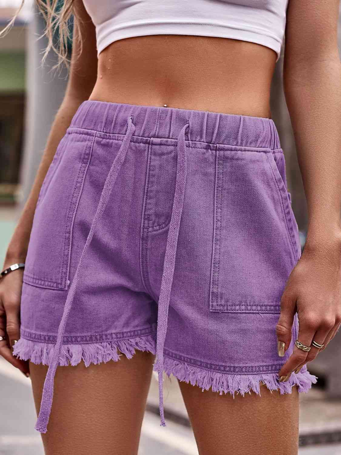 Drawstring Raw Hem Denim Shorts (12 Colors) shorts Krazy Heart Designs Boutique Purple S 