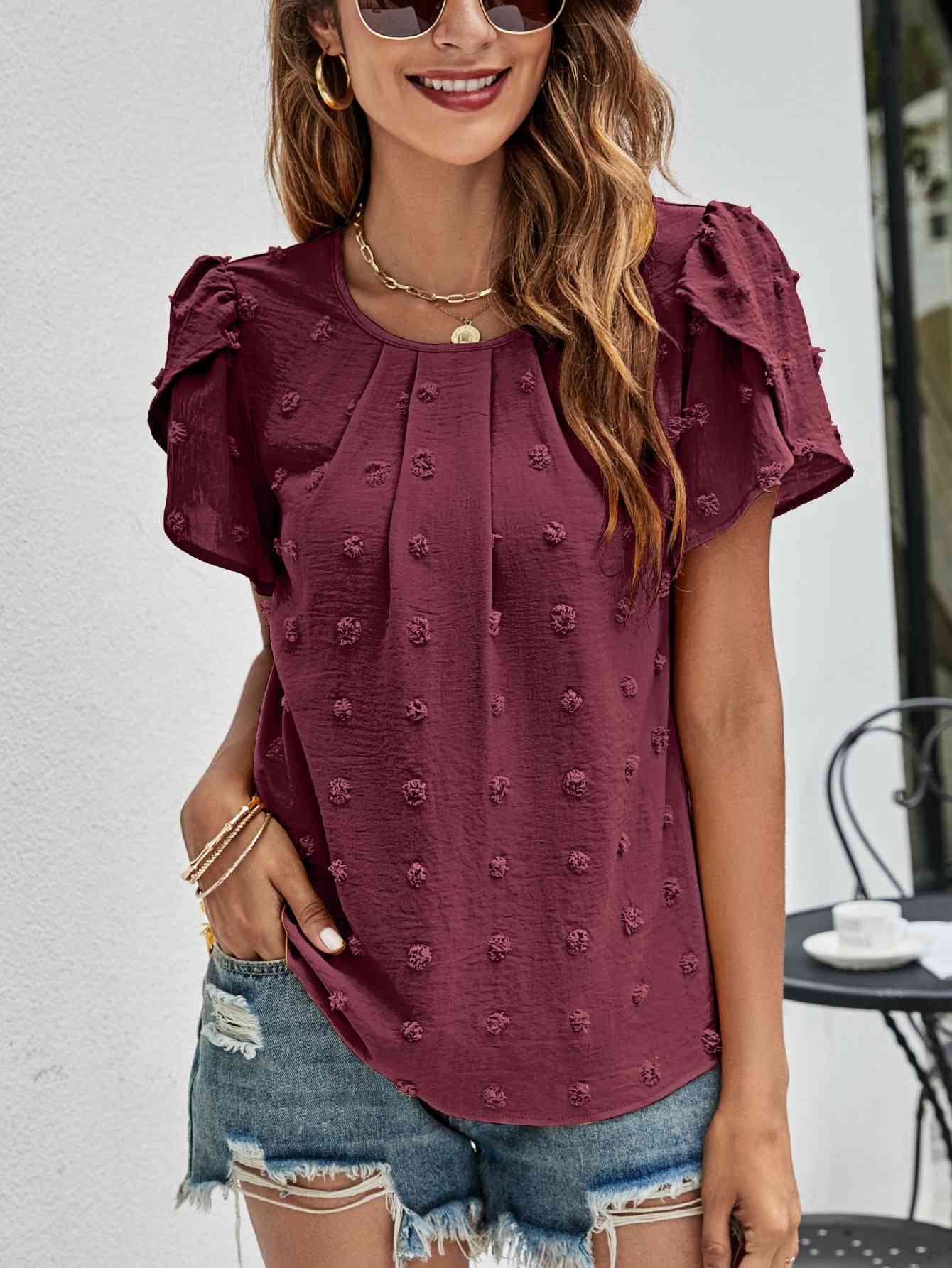 Swiss Dot Round Neck Petal Sleeve Top (10 Colors)  Krazy Heart Designs Boutique Wine S 