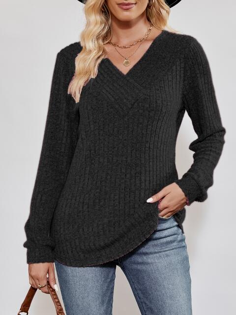 V-Neck Ribbed Long Sleeve Top (4 Colors) Shirts & Tops Krazy Heart Designs Boutique Black S 