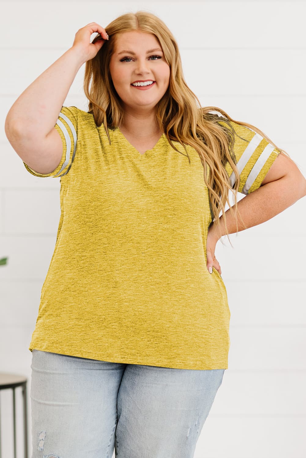 Plus Size Striped V-Neck Tee Shirt (10 Colors)  Krazy Heart Designs Boutique Mustard 1X 