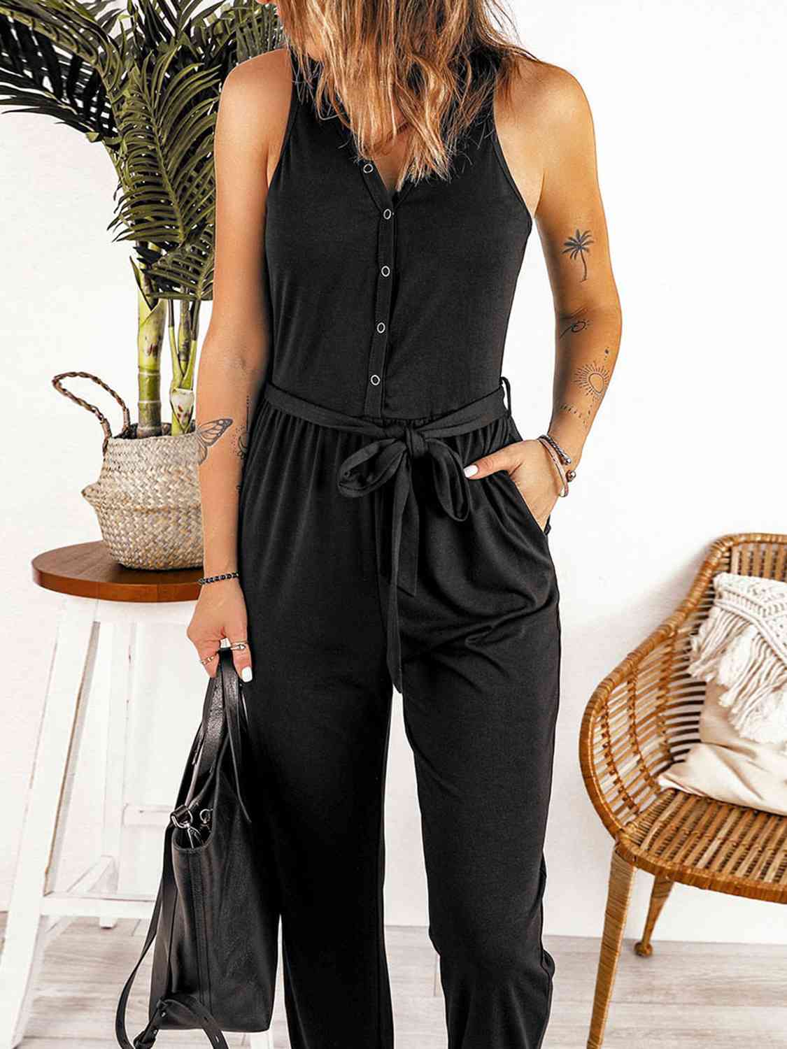 Full Size Tie Waist Sleeveless Jumpsuit with Pockets (5 Colors)  Krazy Heart Designs Boutique   