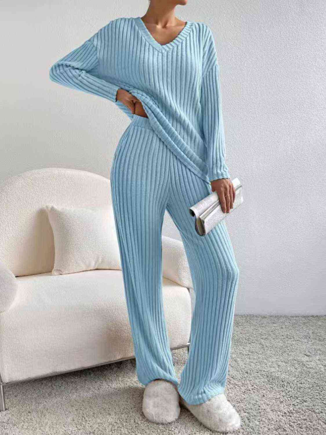 Ribbed V-Neck Long Sleeve Top and Pants Set (4 Colors) Outfit Sets Krazy Heart Designs Boutique   
