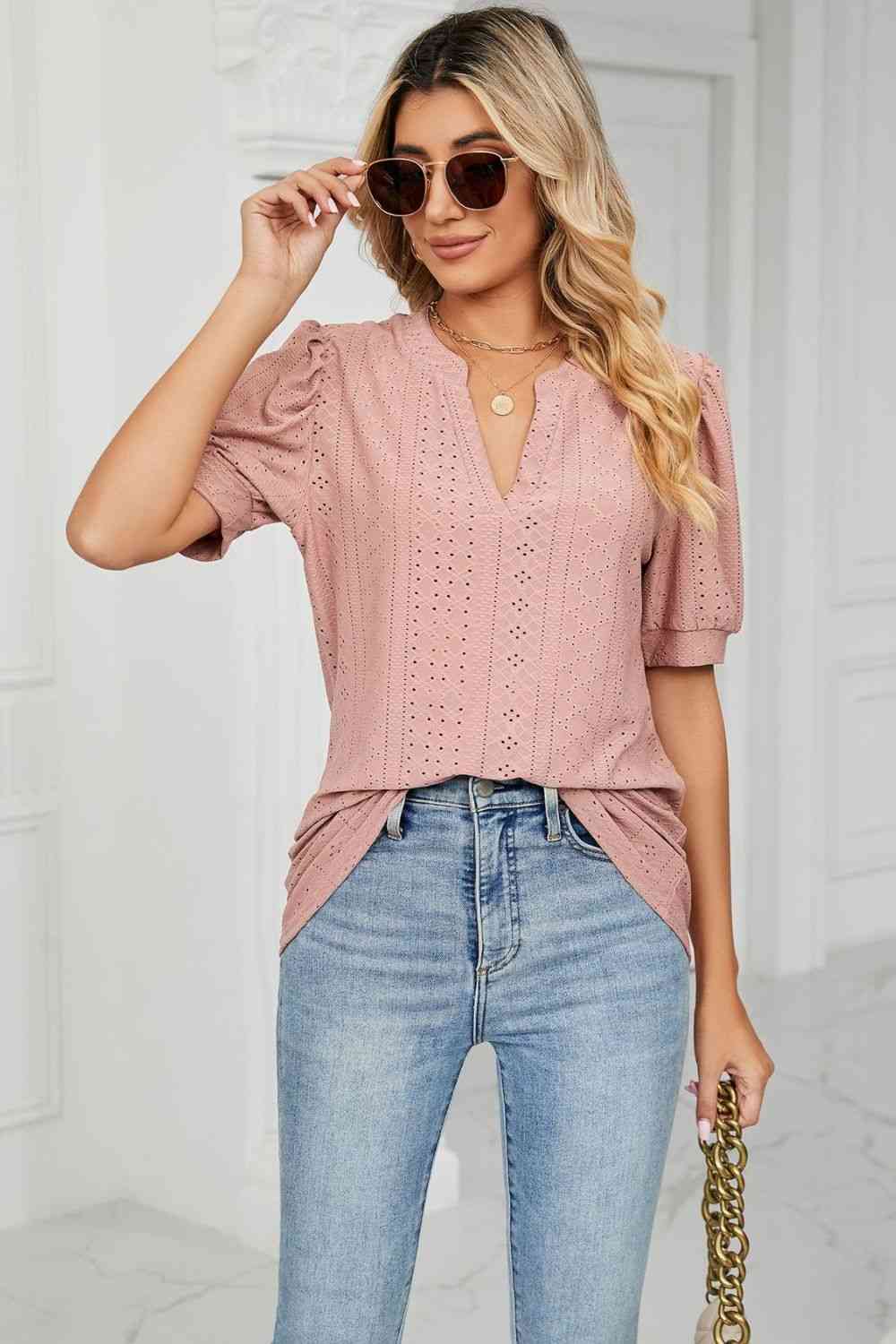 Eyelet Short Puff Sleeve Notched Neck Top (12 Colors)  Krazy Heart Designs Boutique   